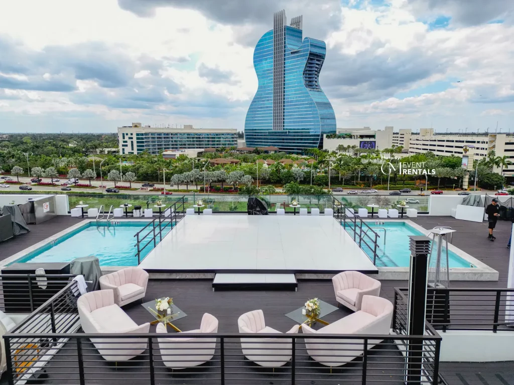Clear pool cover flooring rental for rooftop event with seating area