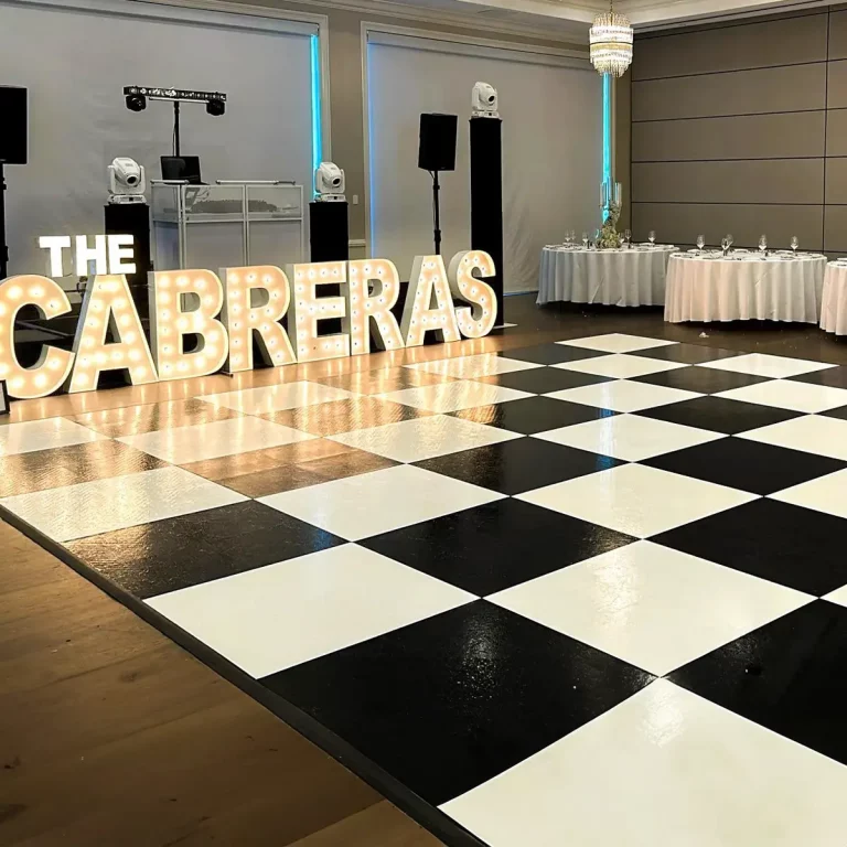 black and white checkered party floor rental