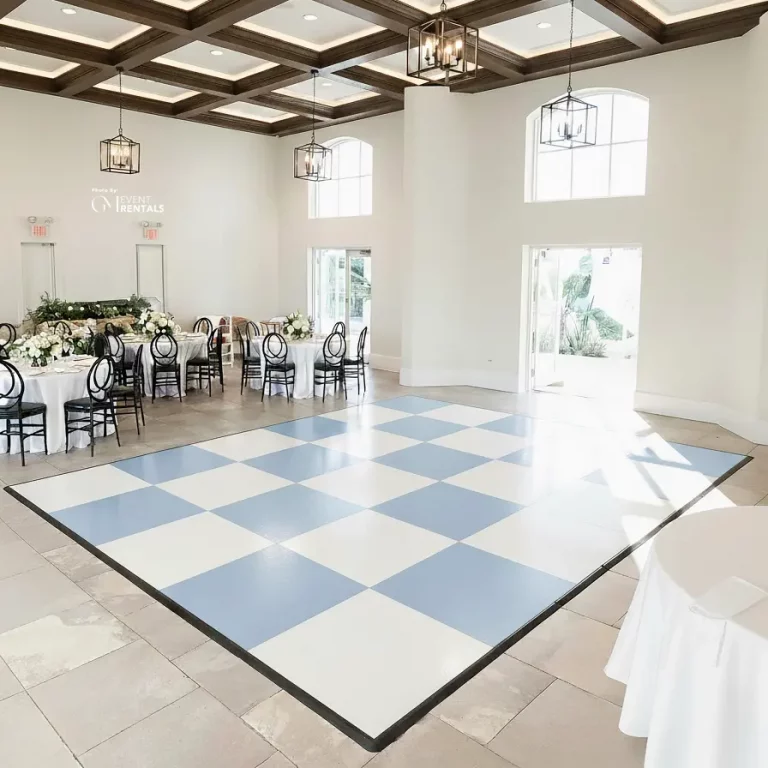 light blue and white checkered portable dance floor rental for weddings and events