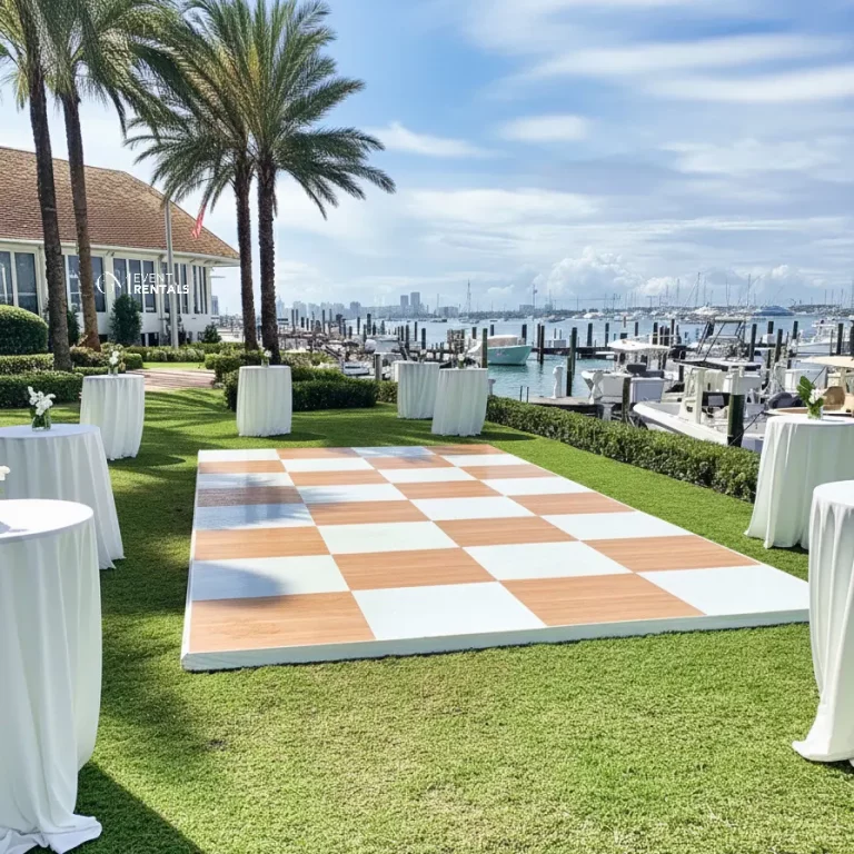 outdoor light maple and white dance floor placed over grass