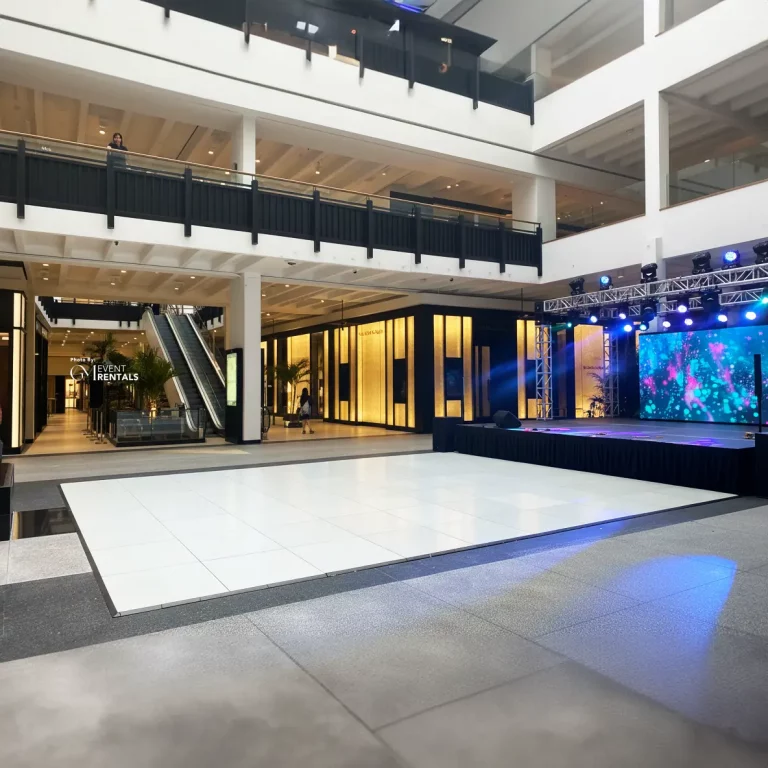 large white portable dance floor in mall for event